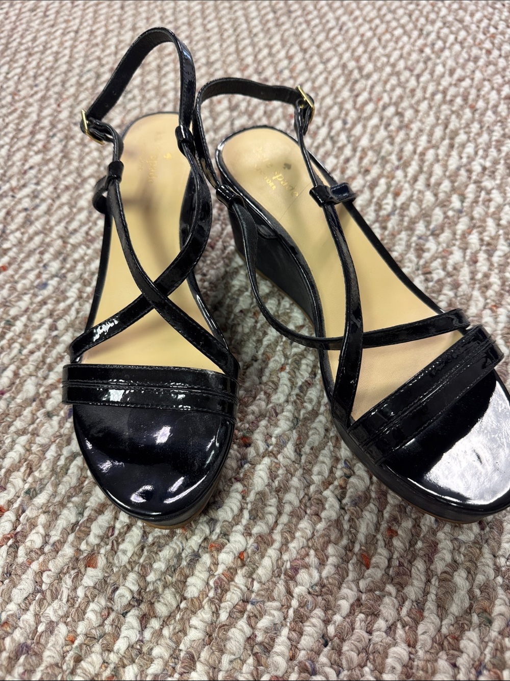 kate spade Black Patent Crisscross Wedge Sandals